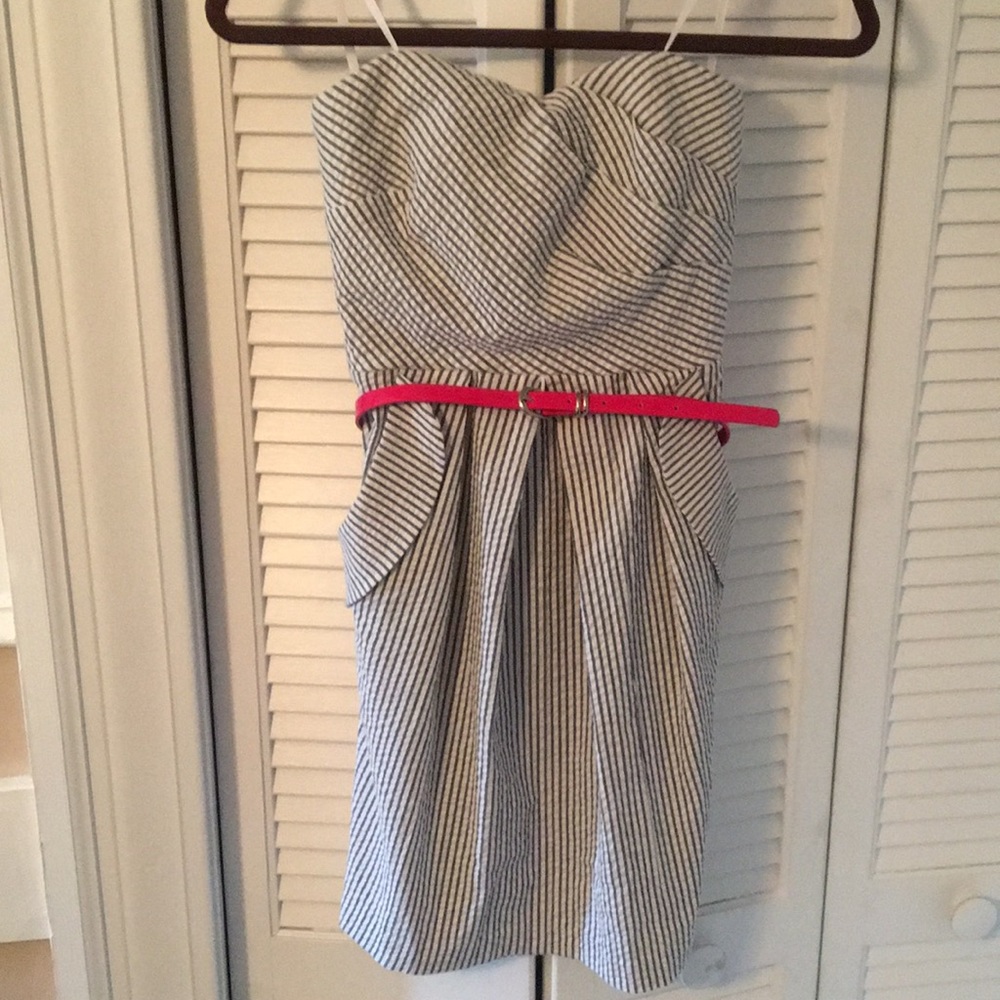 BCX strapless seersucker dress with pink belt